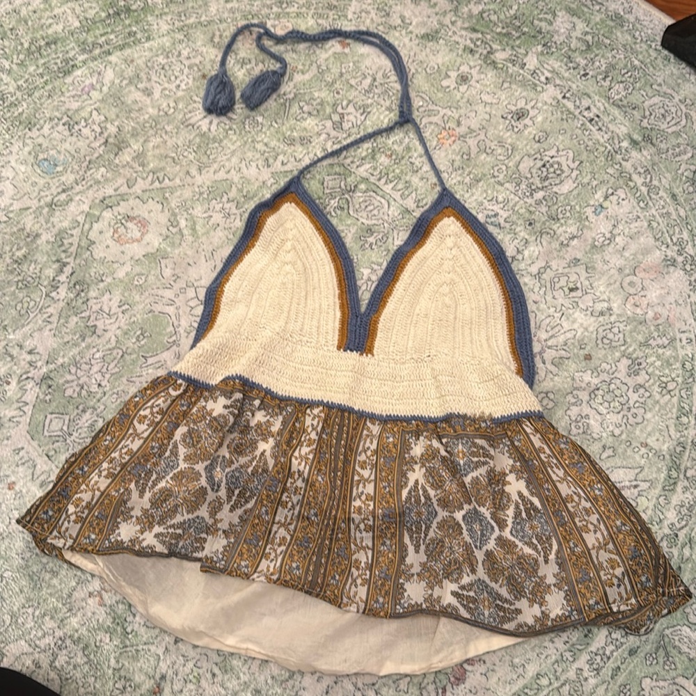 Blue and gold crotchet top